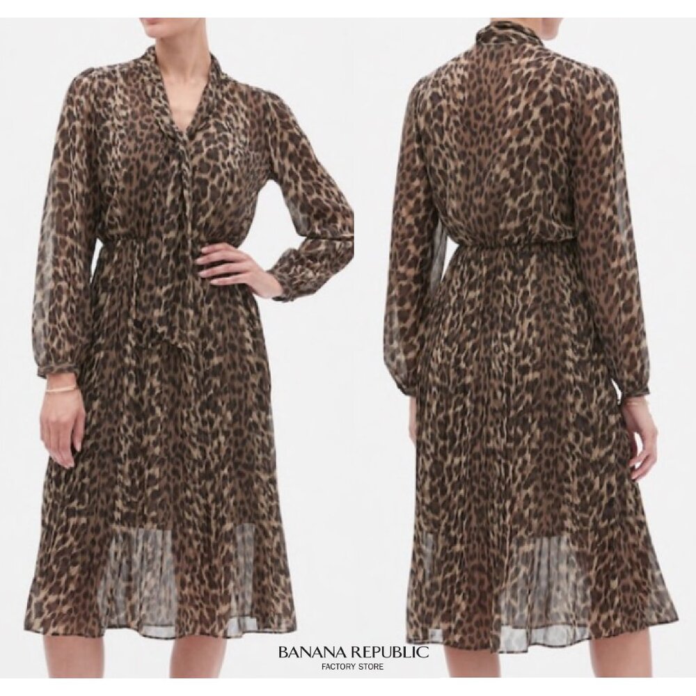 Banana Republic Animal Print Midi Tie Neck Long Sleeve Pleated Dress